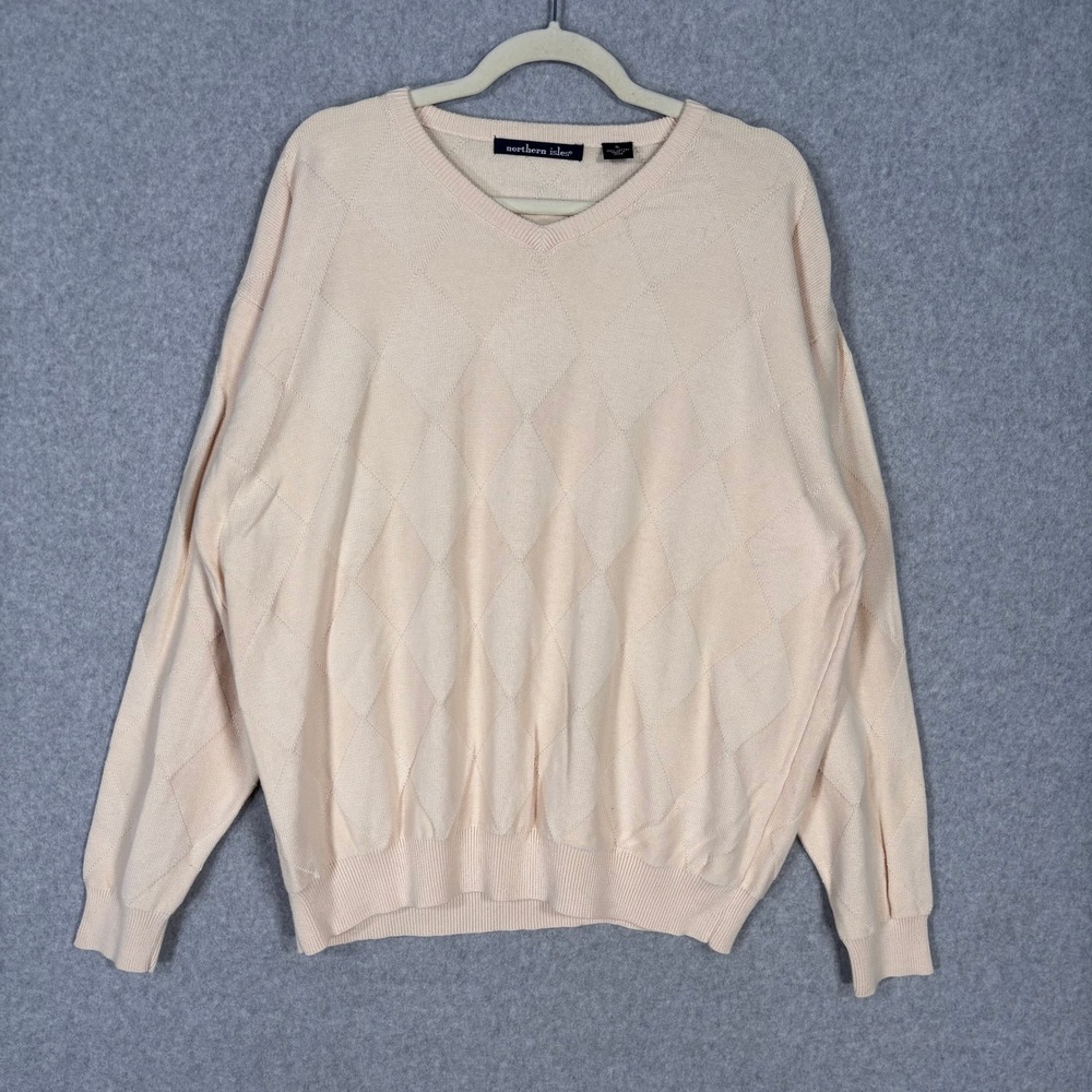 Northern Isles Sweater Mens XL Cream Argyle V Neck Cotton Preppy‎ Retro Neutral